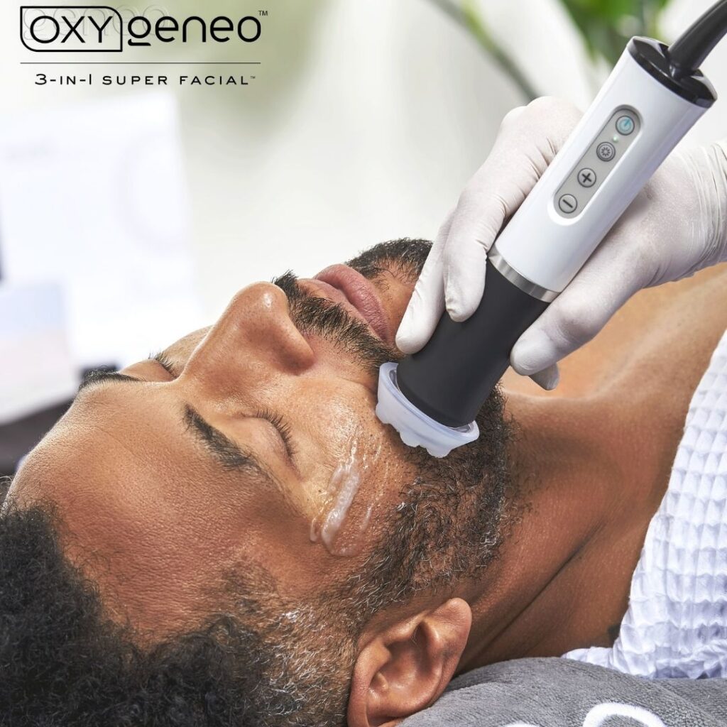 male facial, oxygeneo, balance pod, acne prone, skin clearing, blemishes, activated bamboo charcoal